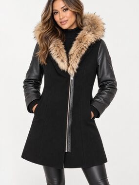 Sicily Fur Trim Black Wool-Blend Coat
